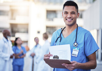 Checklist, portrait and happy doctor or man with hospital leadership, workflow management and...