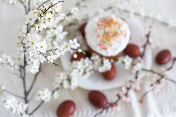 Traditional Easter cakes and colored eggs. A branch tree