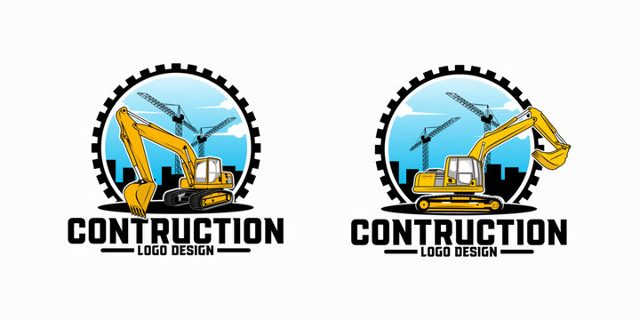 excavator Logo with crane and building designs template, heavy equipment construction - earth mover logo vector