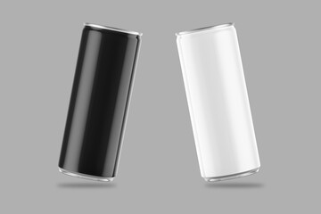 Black and white tall soda cans with water drops mockup.Aluminum thin cans in silver isolated on a grey background, canned with water drops, 3d rendering.