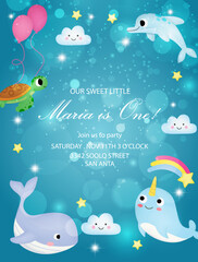 Fototapeta na wymiar birthday invitation, birthday card, baby show cute marine theme sea cute fish, turtle