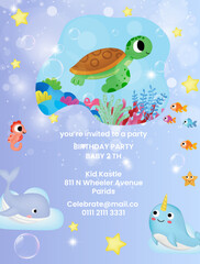 birthday invitation, birthday card cute marine theme sea cute fish, turtle