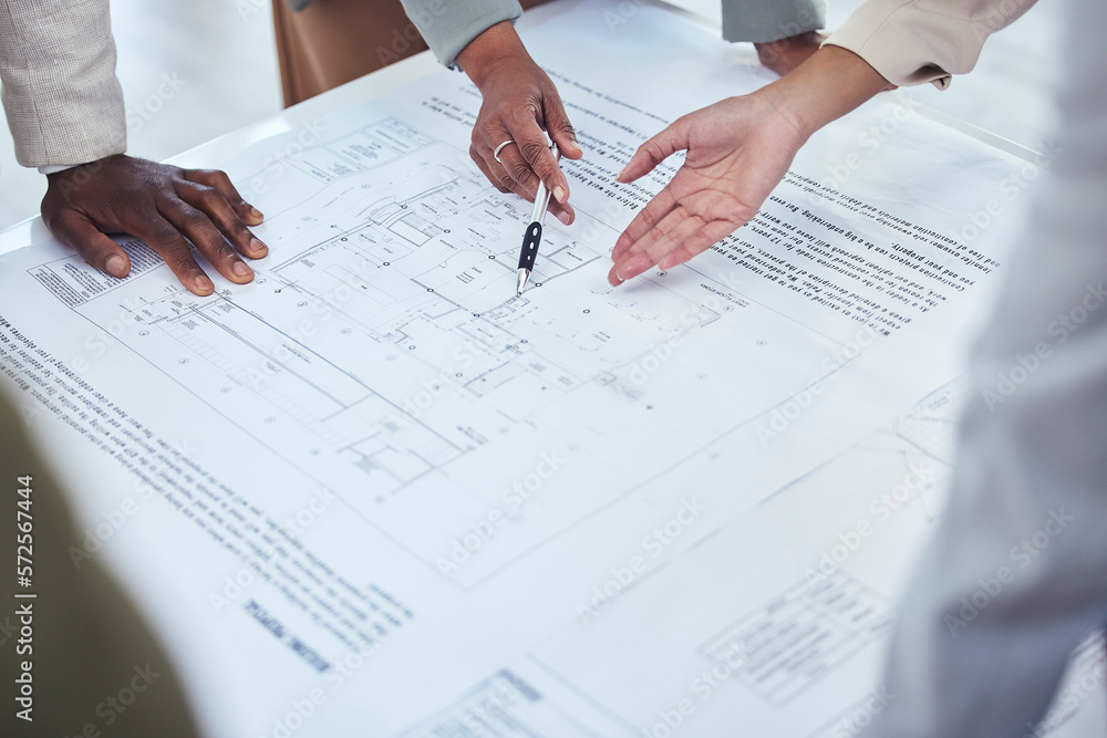 Poster architecture, construction team and hands with blueprint for planning, building strategy and estate 