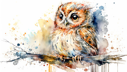 Little Cute Owl watercolor paint art on white. Generative AI