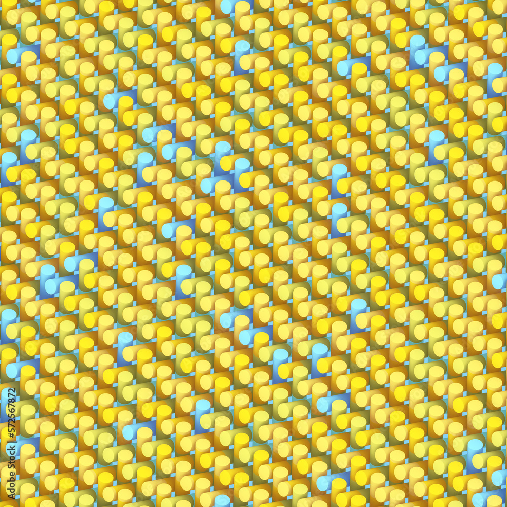 Poster pattern of multi colored cylinders with a trendy blue and yellow gradient. 3d rendering digital illu