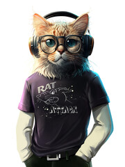 Cat in a t-shirt, headphones and glasses