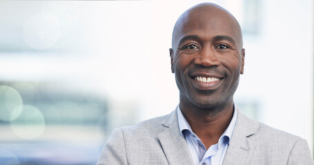 Confidence, leadership and portrait of black man, startup ceo in mockup and blurred background....