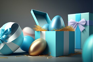 Easter realistic blue gift boxes. Generation AI.