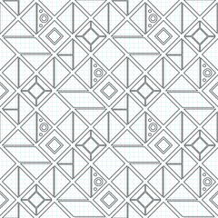 Seamless Geometric Pattern, Drawn on Checkered Notebook. Endless Modern Mosaic Texture.  Fabric Textile, Wrapping Paper, Wallpaper. Vector Contour Illustration. Coloring Book Page
