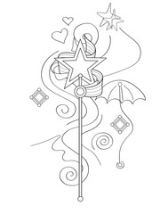 Cute Magical Star Wand, Deco Element. Aesthetic Object. Trendy Kids Print. Vector Contour Illustration. Coloring Book Page