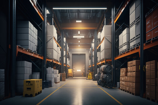 a vast and organized warehouse with rows upon rows of tall shelving units, neatly stacked cardboard boxes, and a wide range of products, from consumer goods to industrial equipment Generative AI