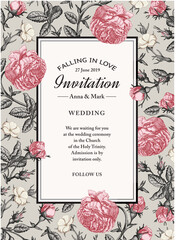 Fototapeta premium Wedding marriage thanks invitation. Beautiful blooming flowers fabric. Vintage greeting card. Frame. Drawing engraving Roses agrostemma isolated floral Wallpaper background Vector baroque Illustration