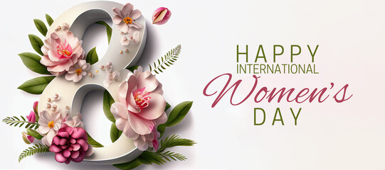 Celebrate International Women's Day with this beautifully designed banner, featuring a colorful display of pink flowers and the date, March 8th. Generative AI