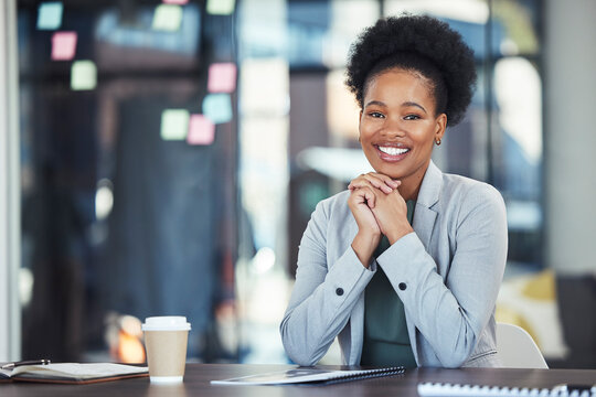 Happy black woman in office portrait for career goals, planning workflow or startup business. Face of professional employee or african corporate person with success management and leadership