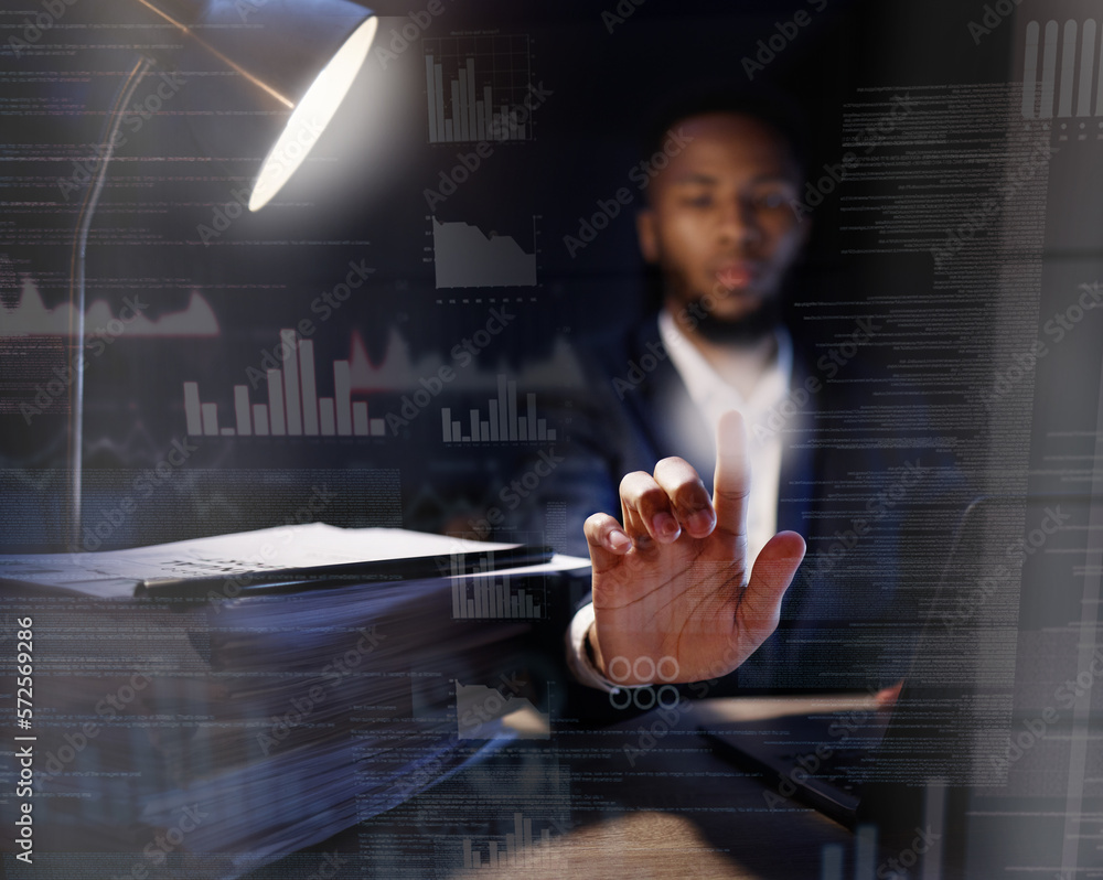 Aufkleber Hologram, black man and code for programming, overlay and cyber security for futuristic communication, planning and hacker. Holographic, African American male programmer and coder with data analysis