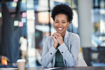 Office portrait and happy black woman for career goals, planning workflow or startup business. Face...