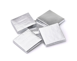 Silver foil wrapped square chocolate bars