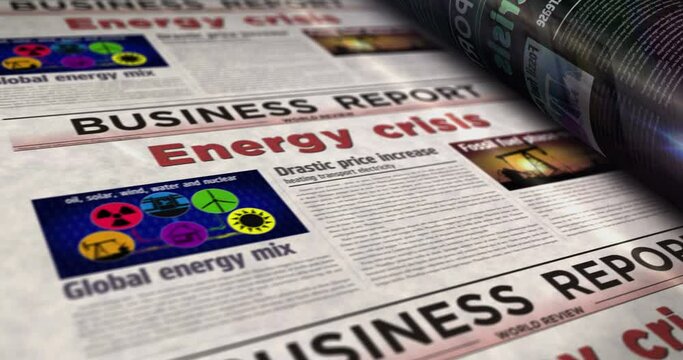 Energy crisis and fuel gas electricity price daily news newspaper roll printing. Abstract concept retro headlines 3d seamless looped.