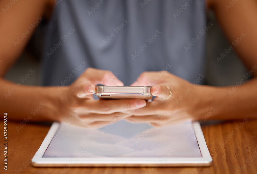 Poster communication, social media and hands of a woman with phone, tablet and internet for connection. dig