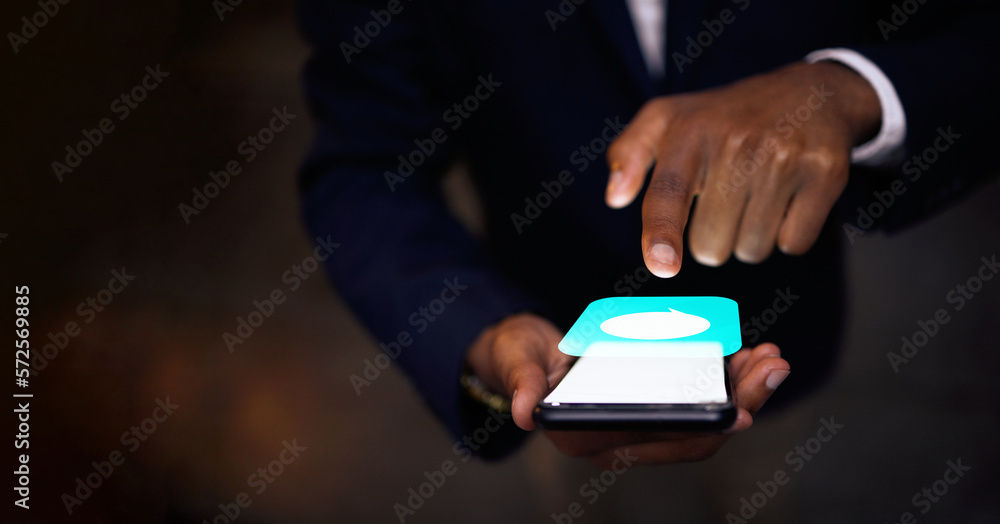 Leinwandbilder phone, hologram and hands with chat icon for communication, networking and futuristic connection. bu