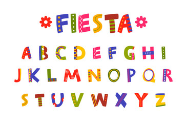 Fiesta font abc English letters Mexican traditional colored ornate vector flat illustration