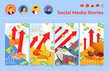 Increasing price food mobile interface button social media stories set vector illustration