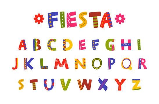 Fiesta font abc English letters Mexican traditional colored ornate vector flat illustration