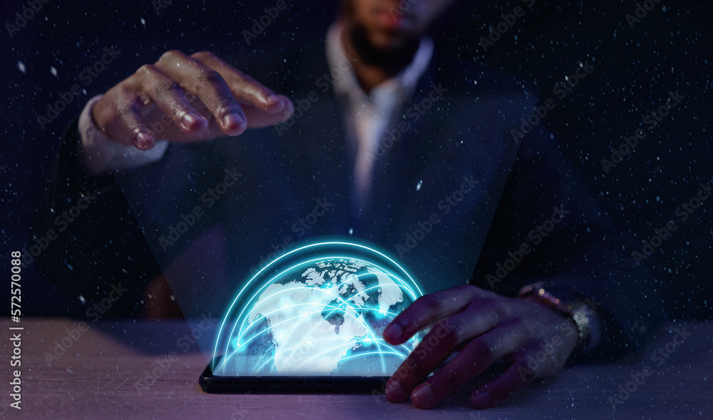 Aufkleber future, metaverse and futuristic businessman in the digital world with a hologram connected online, 