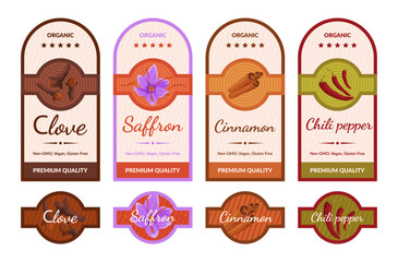 Seasonings label pack sticker clove saffron cinnamon chili pepper design template set vector
