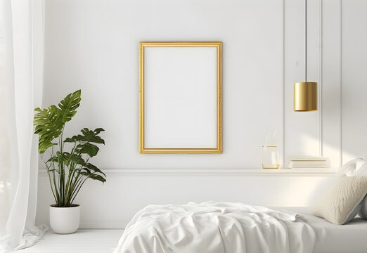 Vertical empty gold picture frame mockup in minimalist bedroom with bed, pillow, potted plant, lamp, curtain, white wall background, illustration for design, wall art, template