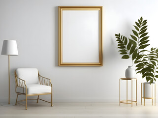 Vertical empty wood brown gold picture frame mockup in minimalist room with chair, lamp, potted plants, white wall hardwood floor background, illustration for design, art, template