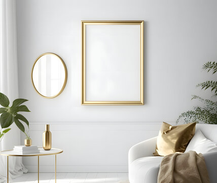 Vertical empty gold picture frame mockup in minimalist room with mirror, armchair, pillows, table, plants on white wall background, illustration for design, wall art, template
