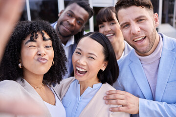 Selfie, team building and happy business people funny in celebration as a successful company outside office. Teamwork, winning and photo or social media update by diverse employee or worker group