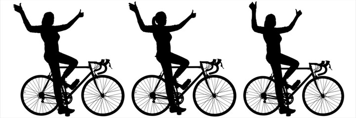 The girl on the bike raised both hands high in joy. A woman pedals a bicycle, her hands are raised up. Success, victory in competitions. Side view, profile. Black female silhouettes isolated on white