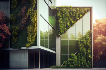 Contemporary unique building exterior with a vertical garden on the facade, generative AI