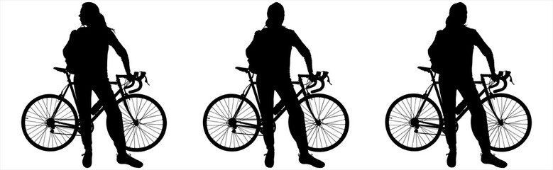 A girl with a large backpack behind her back is standing near the bike. Woman with a bicycle. Bicycle: side view, profile. Character: front view, facing the viewer. Three black silhouettes isolated