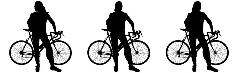 A girl with a large backpack behind her back is standing near the bike. Woman with a bicycle. Bicycle: side view, profile. Character: front view, facing the viewer. Three black silhouettes isolated