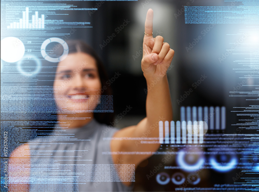 Poster Woman, touch screen and hologram of data analytics, coding software and programming developer at night. Futuristic, holographic or overlay of future technology or digital person with hand interaction