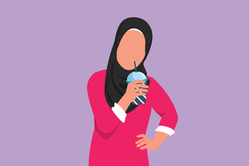 Character flat drawing portrait of Arabian female drinking orange juice from plastic cup with one hand on the waist. Feels thirsty and refreshing in summer season. Cartoon design vector illustration