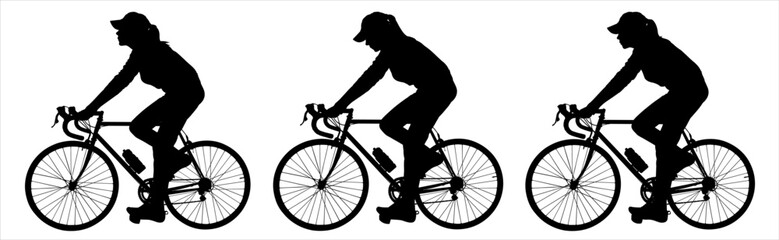 A group of cyclists in hats riding bicycles. Cycling. Woman, a girl in a cap with a bicycle. Cycling at the velodrome. Bike. Side view, profile. Three black female silhouettes are isolated on a white