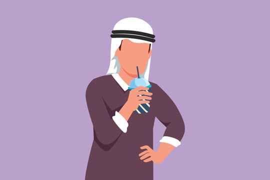 Graphic flat design drawing portrait of Arabian male drinking orange juice from plastic cup with one hand on the waist. Feels thirsty and refreshing in summer season. Cartoon style vector illustration
