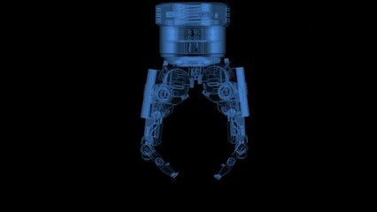 X-ray transparent robotic arm pinch or grip on black background 4k footage