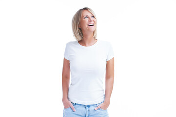 Obraz premium Picture of blonde woman over back isolated background making happy faces