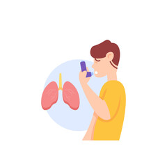 a boy using inhaler to relieve asthma. experiencing breathlessness or difficulty in breathing. asthma medications. lung diseases. illness and health. illustration concept design. graphic elements
