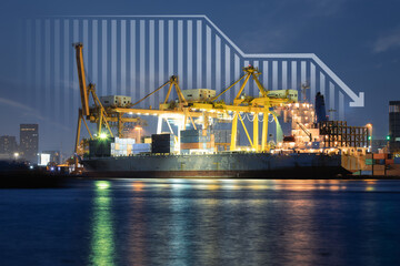 Cargo ship, cargo container work with crane at dock, port or harbour. Freight transport with drop...