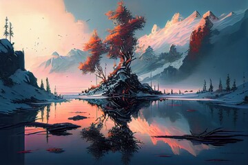Winter landscape with mountains, frozen lake with reflections, and bonsai tree. Generative AI.