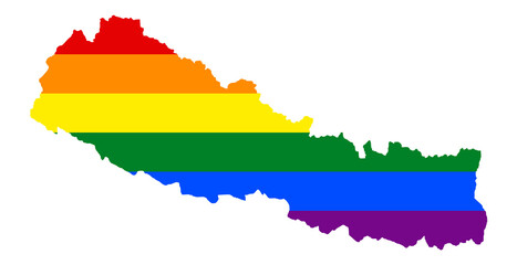 LGBT flag map of the Nepal. PNG rainbow map of the Nepal in colors of LGBT (lesbian, gay, bisexual, and transgender) pride flag.