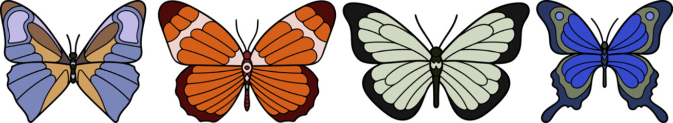 Hand drawn vector butterfly set. Doodle style, line art. Multicolored butterflies.
