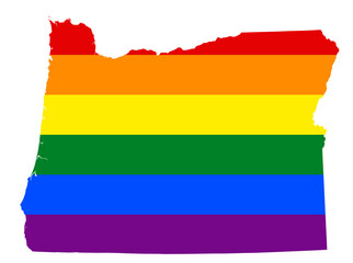 Obraz premium LGBT flag map of the Oregon. PNG rainbow map of the Oregon in colors of LGBT (lesbian, gay, bisexual, and transgender) pride flag.