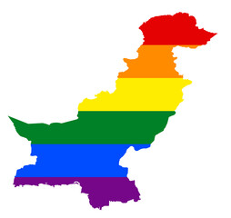 Obraz premium LGBT flag map of the Pakistan. PNG rainbow map of the Pakistan in colors of LGBT (lesbian, gay, bisexual, and transgender) pride flag.